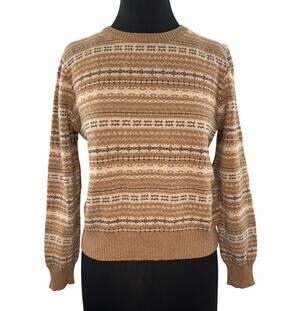 Vintage Sisley Italy Beige Brown Sweater Fair Isle Crew Neck Pullover S Small